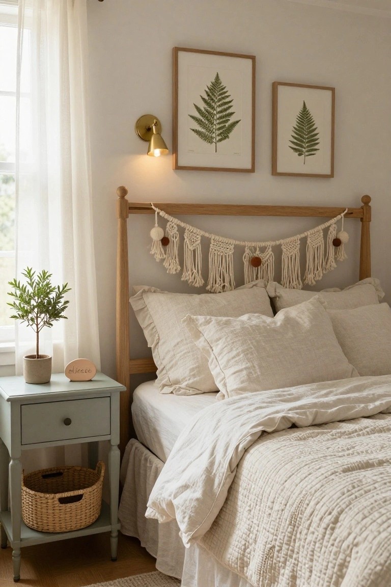 Bedroom interior with a light wooden headboard draped in white macrame garland with wooden beads, flanked by two framed fern leaf prints, a gold wall sconce lit up, ruffled white linen pillows and quilt on the bed, a teal nightstand holding a potted plant and wooden sign, and a woven basket underneath.
