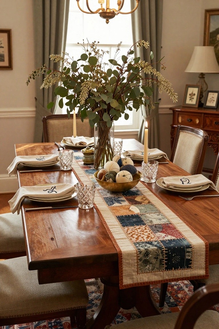 Dining room table set with a colorful patchwork quilted table runner down the center, flanked by white pumpkins in a brass bowl, glass vase of eucalyptus branches, candles, monogrammed linen napkins, and crystal glassware on wooden plates.