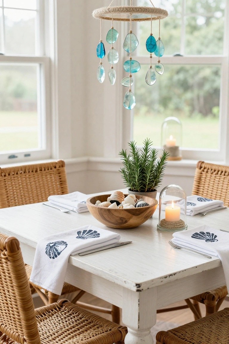 Dining table with rattan chairs in a white-walled room with large windows, featuring a wooden bowl of shells as centerpiece, shell-printed napkins, candles in glass domes, a potted rosemary plant, and a hanging mobile of blue seaglass pieces and shells.