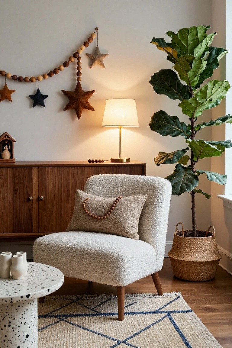Cozy interior corner featuring a cream boucle armchair with beaded pillow, wooden credenza, fiddle leaf fig in basket, speckled white side table, and wooden bead garland with fabric stars on white wall.