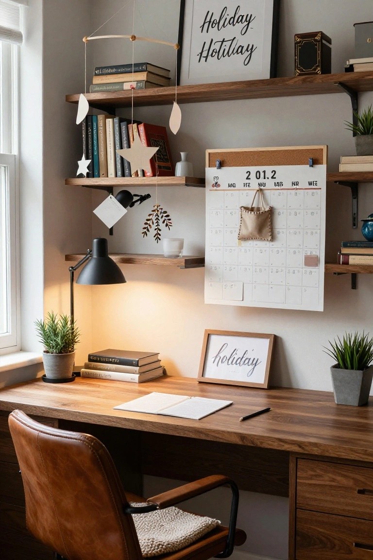 Wooden desk with leather chair in a light-filled room, floating oak shelves above holding books, plants, vase, and hanging white paper stars and moons, plus a cork calendar dated 2012 and holiday sign.