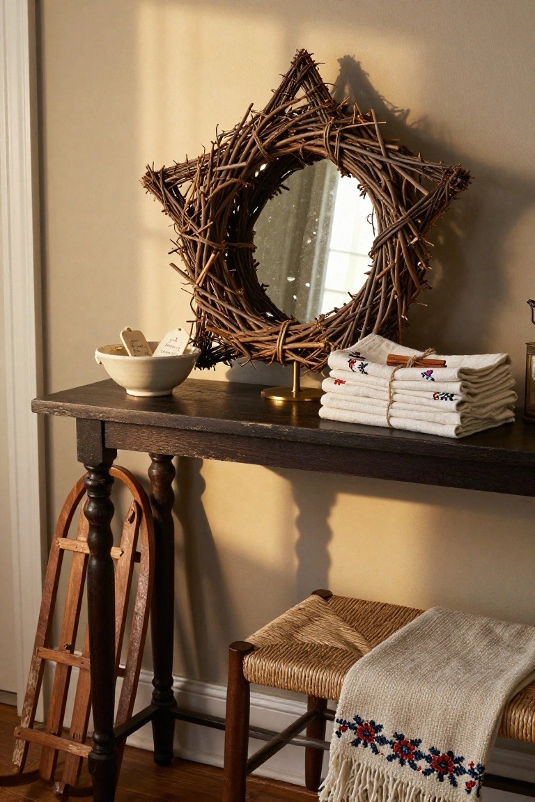Light beige interior room with dark wood console table topped by woven twig star mirror, white bowl containing tags, and stack of embroidered white towels bound with cinnamon stick, wooden skis leaning beside table and straw stool with fringed throw.