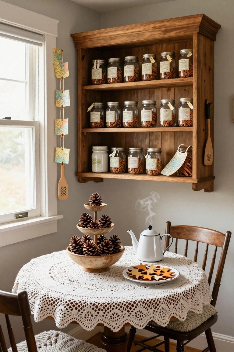 Kitchen corner with wooden open shelving stocked with labeled mason jars of nuts and spices, wooden utensils hanging beside, and a round lace-covered table below holding pinecone bowls, a teapot, and a plate of wooden star ornaments.
