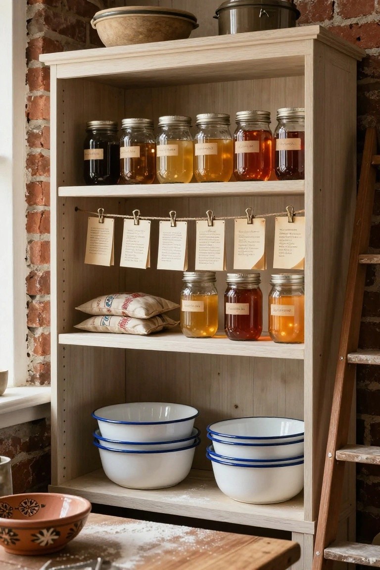 Open wooden shelving unit stocked with labeled mason jars of preserves and honey, hanging paper tags on twine, muslin bags, and stacked white enamel bowls in a kitchen with exposed brick wall.
