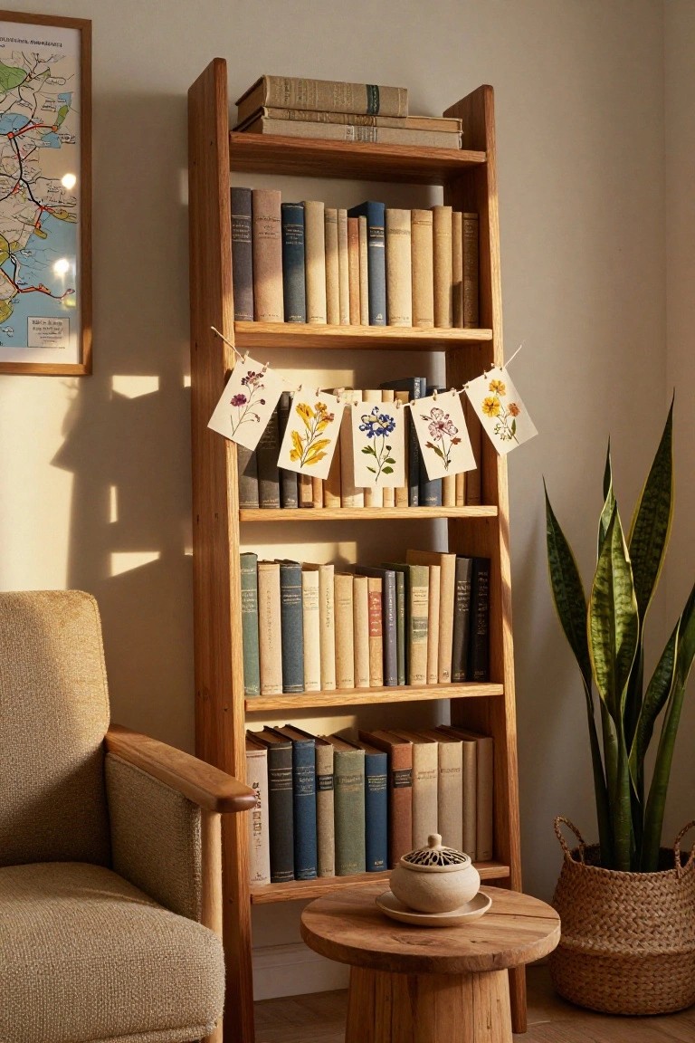 Tall wooden bookshelf filled with vintage books has a garland of pressed flowers on cards hanging across one shelf, beside a beige armchair, wooden stool holding a ceramic incense burner, and snake plant in a basket, in a sunlit room with a map poster on the wall.