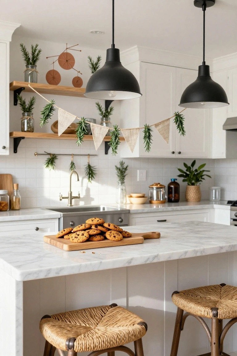 White kitchen with marble island holding chocolate chip cookies on a wooden board, fresh rosemary garlands draped from wooden shelves and black pendant lights above, rattan bar stools at the counter.