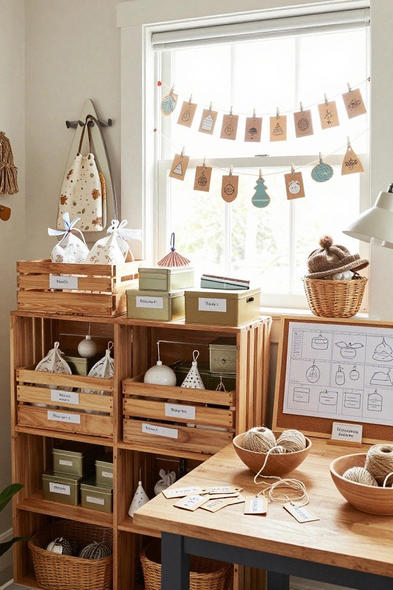 Indoor room with stacked wooden crates used as shelves displaying labeled tins, fabric sacks with prints, glass ornaments, yarn bowls, and baskets on a wooden table beside a window hung with paper garland tags.
