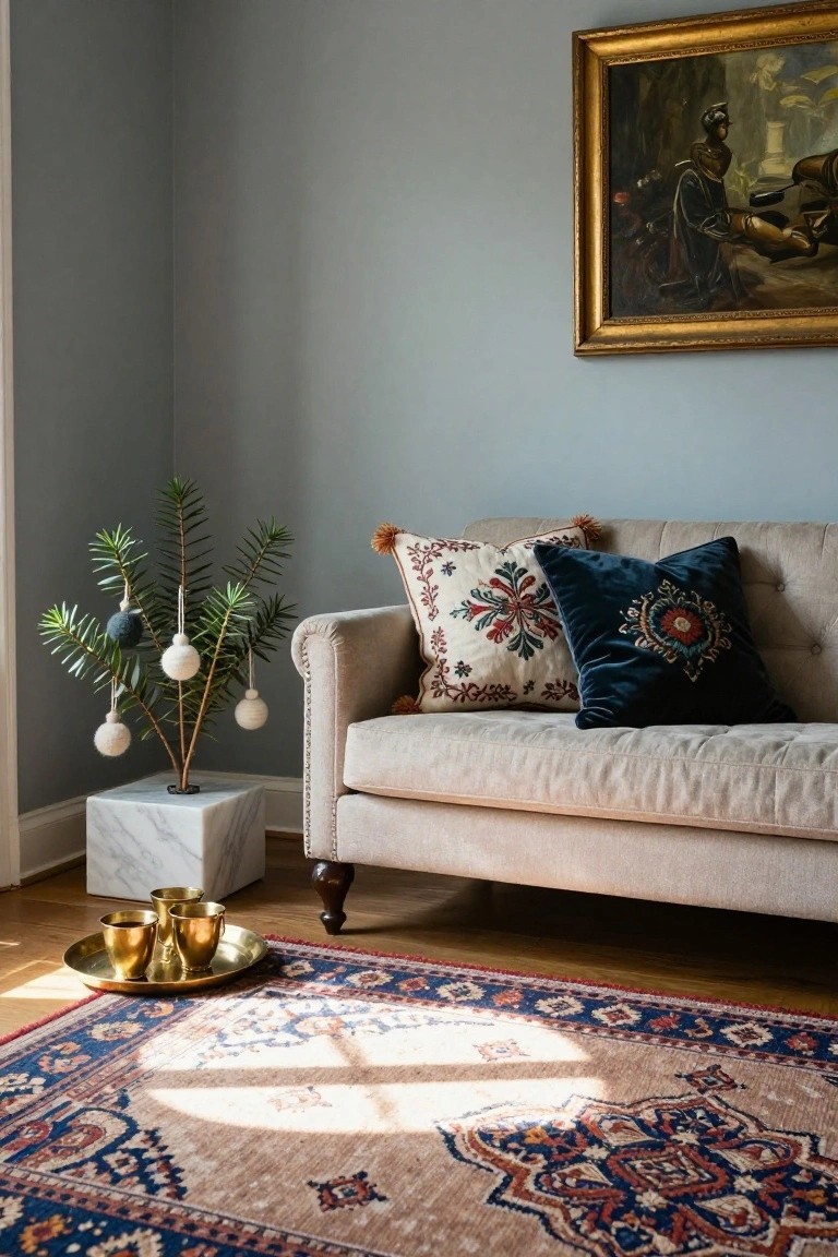 A living room corner with a small potted yew tree decorated with white wool baubles on thin branches, a beige tufted sofa with embroidered pillows, brass cups on a tray, a Persian rug, and a gold-framed painting on a gray wall.