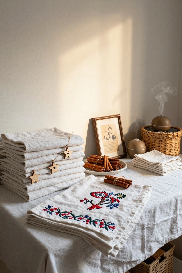 Stacks of white linen towels with red, blue, and green embroidered floral and tree designs on a beige linen-draped table, next to wooden star garlands, cinnamon sticks on plates, a brown diffuser, and a framed black-and-white photo.