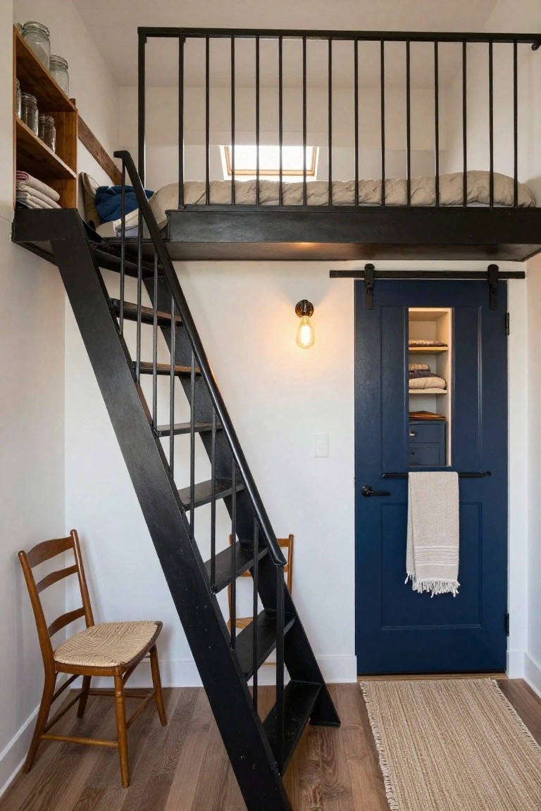 Small interior room with black metal loft bed and stairs, wooden shelves holding jars and linens, navy sliding door with built-in storage and towel, wooden chair, and seagrass rug on hardwood floors.