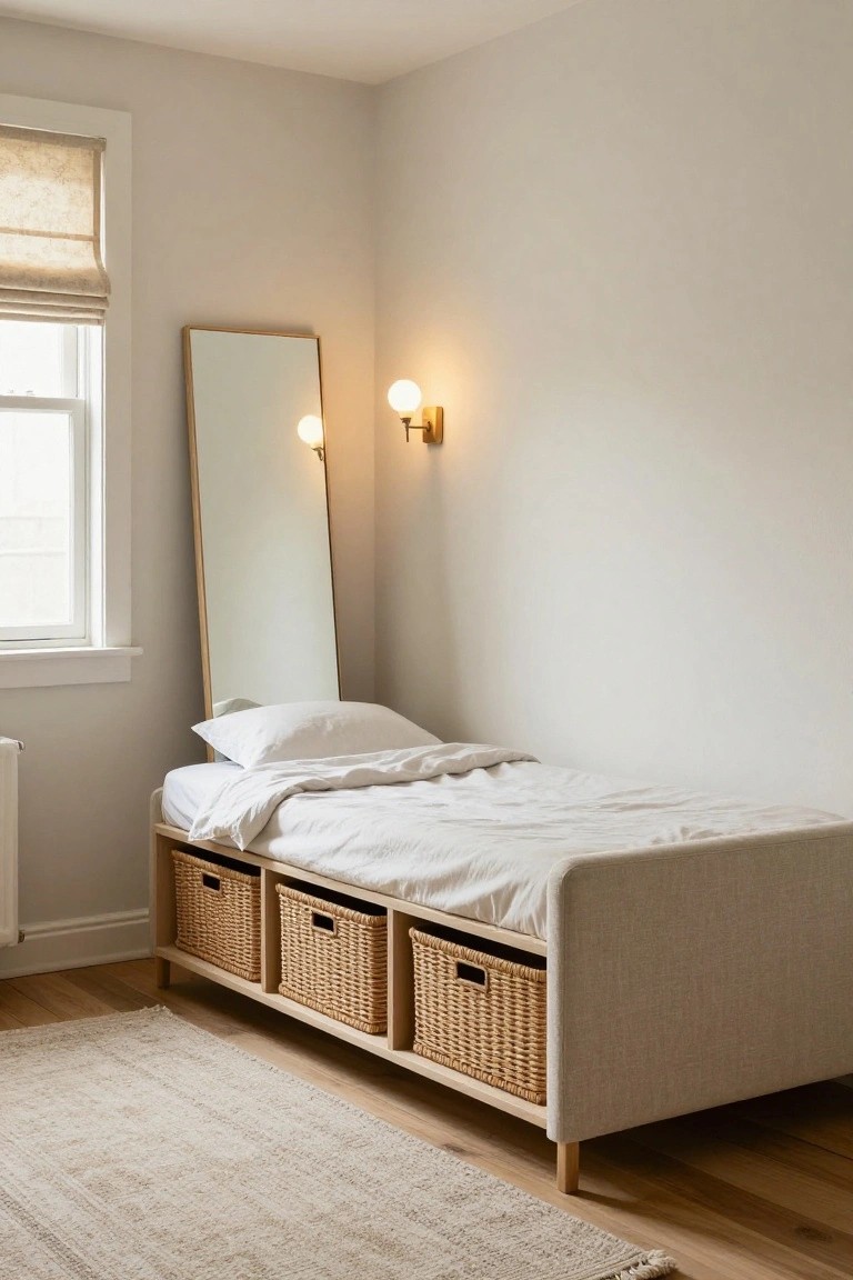 A minimalist bedroom corner showing a low beige fabric bed frame with three integrated wicker basket drawers underneath, next to a tall wooden full-length mirror and a wall-mounted globe lamp on a white wall.