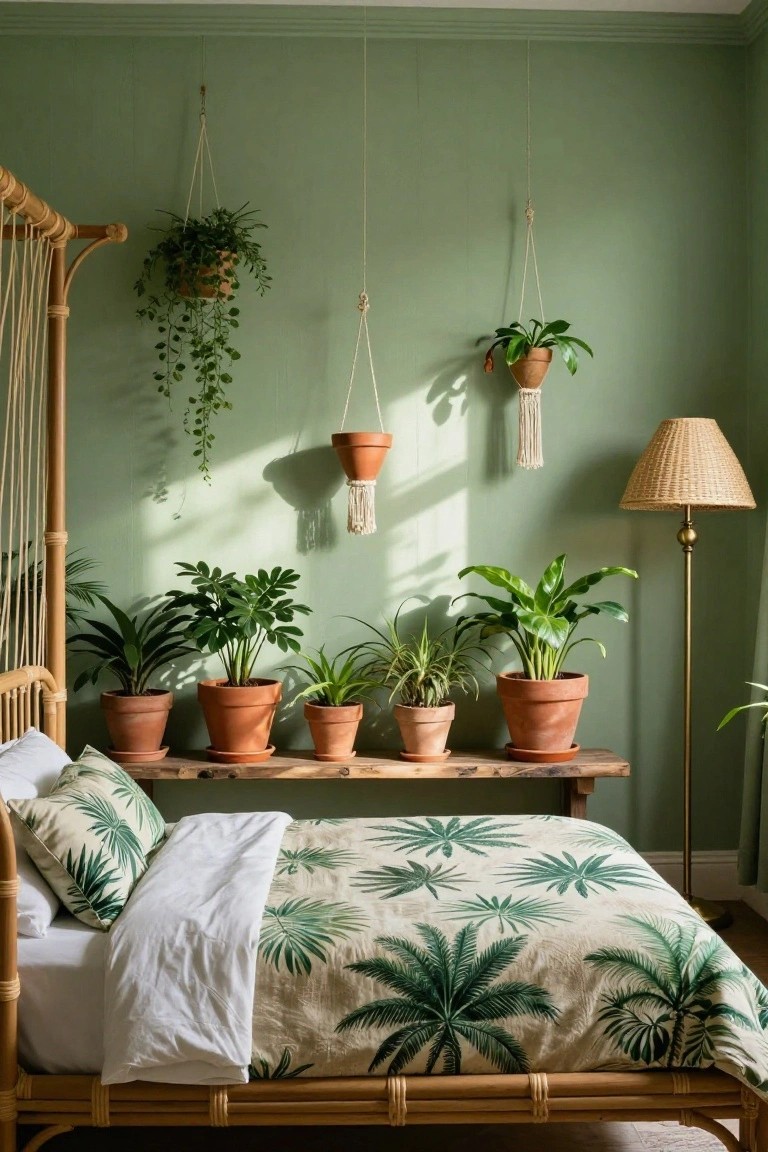 Sage green bedroom wall with rattan canopy bed draped in white sheets and green palm leaf duvet, wooden bench lined with terracotta pots of various houseplants, hanging macrame planters, and rattan floor lamp.