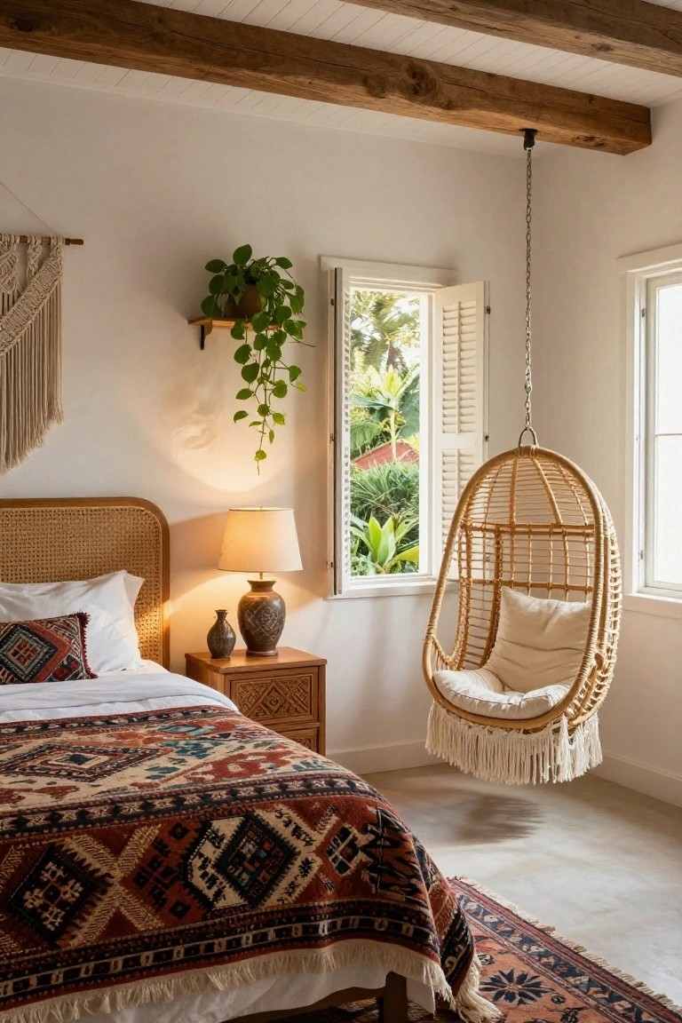 White bedroom interior featuring a rattan bed with colorful woven bedspread, bedside table with lamp and vases, potted plants, macrame wall hanging, open louvered window with tropical garden view, and suspended white rattan egg chair with cushions and fringe.