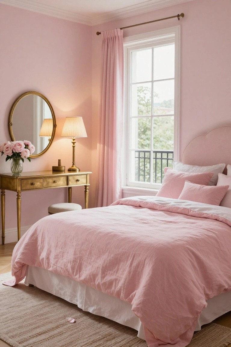 Bedroom with blush pink walls and headboard, pink linen duvet on bed with white pillows, gold console table holding round mirror, lamp, and peonies bouquet, pink curtains on window overlooking trees and balcony.