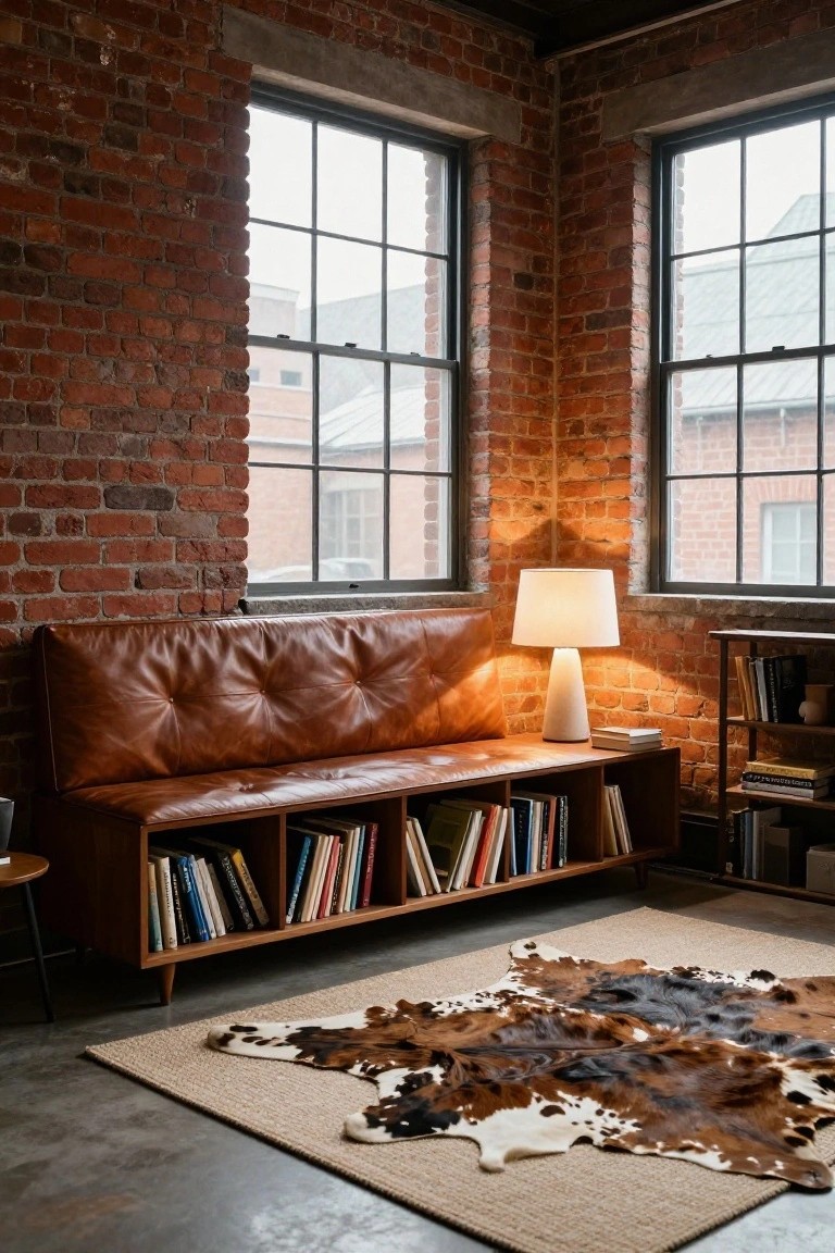 Corner interior with exposed brick walls, large metal-framed windows, tan tufted leather bench integrated into wooden bookshelves, white lamp on bench, nearby metal shelving with books, cowhide rug on concrete floor.