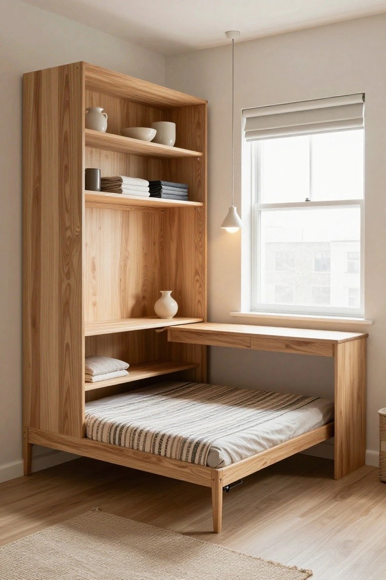 Tall wooden built-in corner unit in a light bedroom with open shelves holding ceramics and linens, an integrated desk surface, and a low platform bed with striped bedding.
