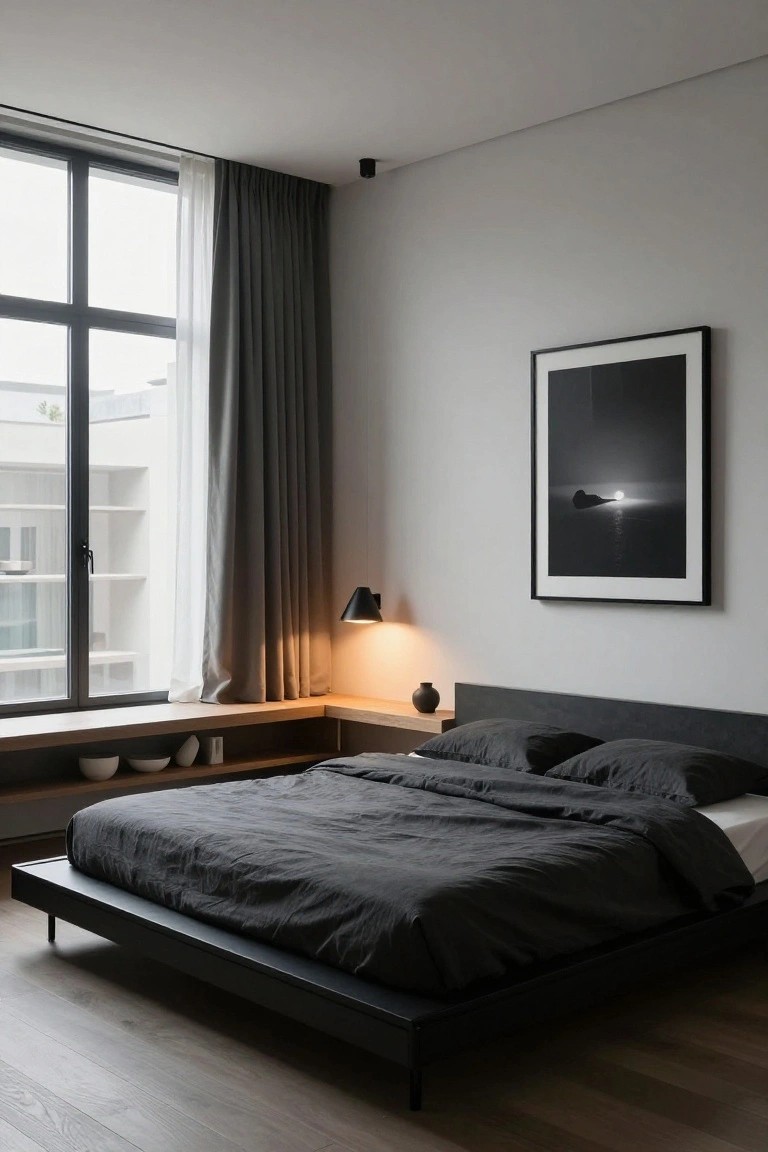 Modern bedroom featuring a low black platform bed with dark linens, adjacent built-in wooden window bench with open shelves holding white bowls and a vase, large window with sheer and gray curtains, black wall lamp lit, black-framed photo on gray wall, oak flooring.