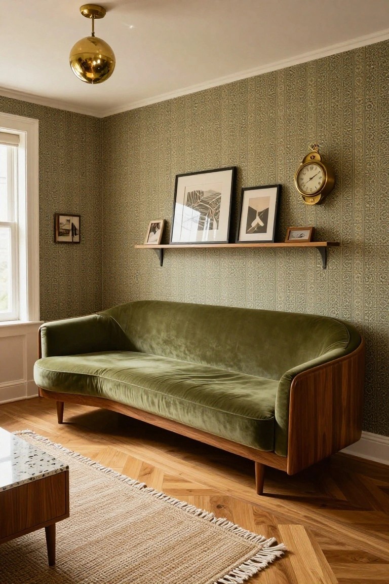 Green sitting room with curved green velvet sofa on wood legs, low wood coffee table with white terrazzo top, patterned green wallpaper, gold orb pendant light, wall shelf with picture frames and clock, window, and parquet flooring with beige rug.