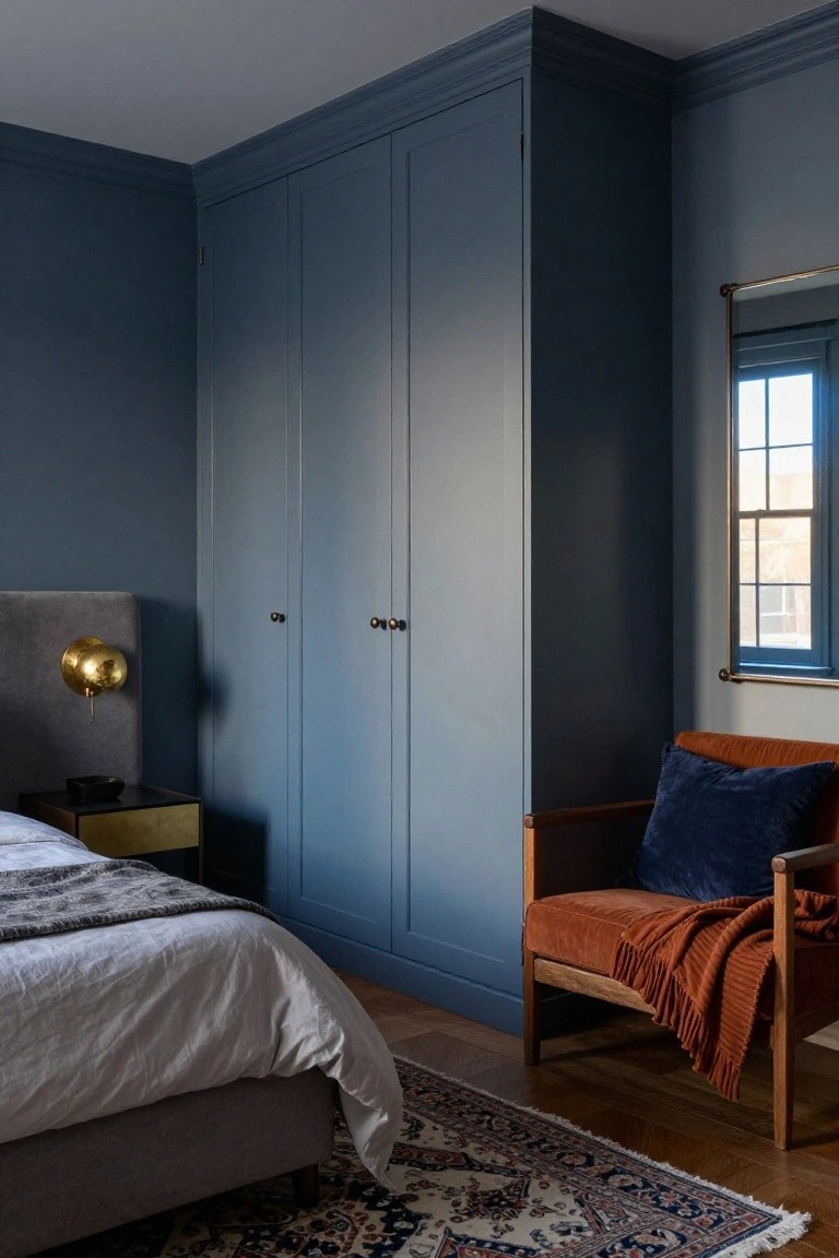 Bedroom corner with tall navy blue paneled wardrobes next to a bed on wooden floors, brass wall lamp, orange armchair with blue pillow and throw blanket, and blue-framed window.