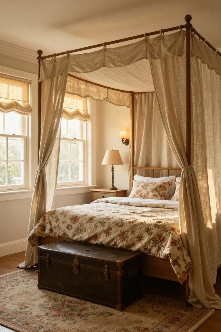 A sunlit bedroom interior with a wooden four-poster bed draped in beige linen canopy curtains, floral bedding, a leather trunk at the foot of the bed, wooden nightstand with lamp, and large double-hung windows with valances.