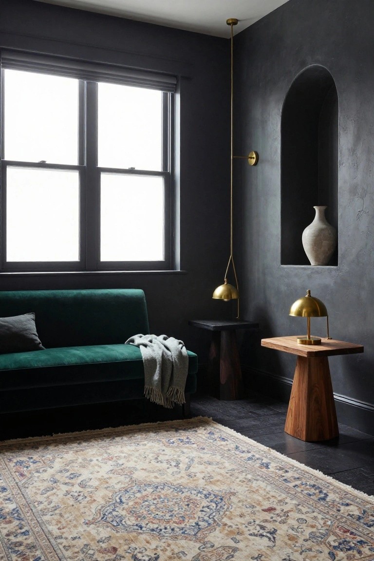Dark gray textured walls in a bedroom corner with arched niche holding a white vase, emerald green velvet sofa with gray pillow and gray throw, black side table, wood pedestal table with brass lamp, brass pendant light, and beige Persian rug on dark floor.