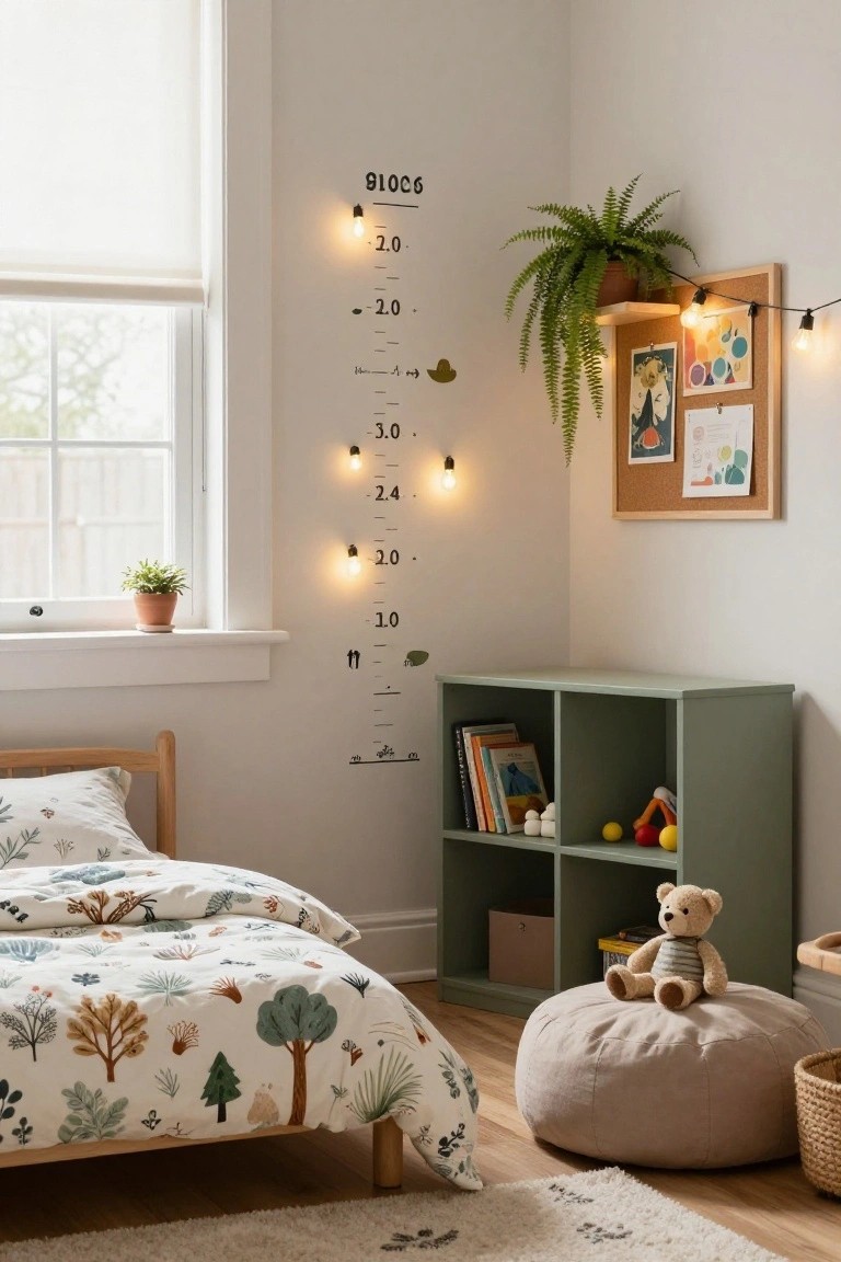 Children's bedroom with a wall-mounted height chart marked in black numbers from 90cm to 130cm and illuminated by string lights, wooden bed with white and green duvet, green cubby bookshelf with books and toys, plants, corkboard, and beige pouf.