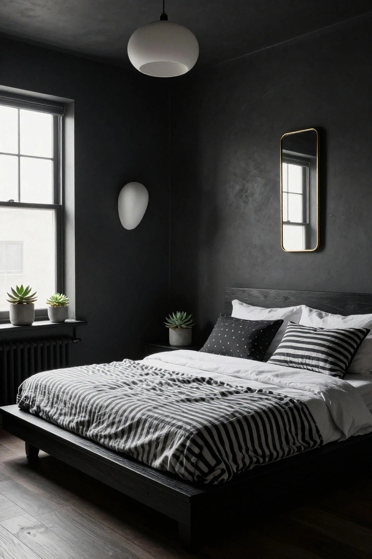 Black textured walls and ceiling in a bedroom with a low black bed frame, rumpled white and black-striped bedding, potted succulents on a radiator shelf below a window, white wall sconces, and a hanging white globe light.