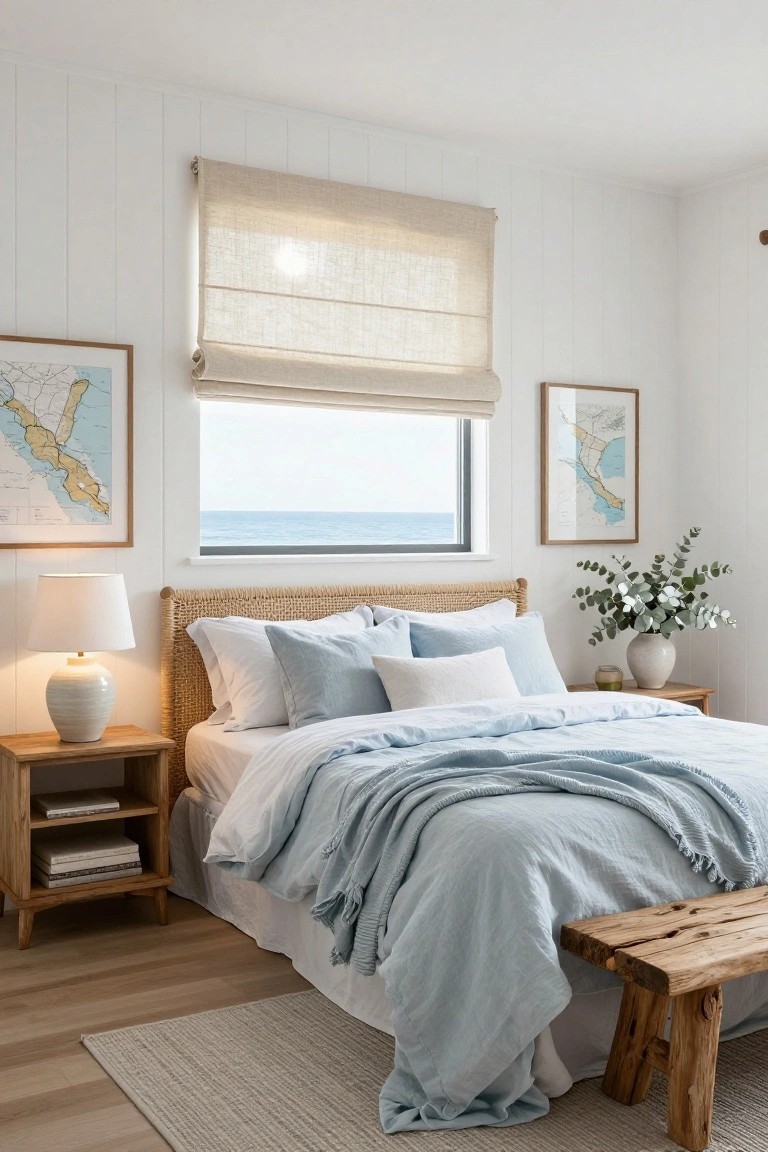 Bedroom with rattan headboard bed covered in light blue linen bedding and white pillows, wooden nightstands holding lamps and books, eucalyptus bouquet, ocean view through large window with linen shade, nautical maps on white shiplap walls, wooden bench at bed foot, on light wood floor with rug.