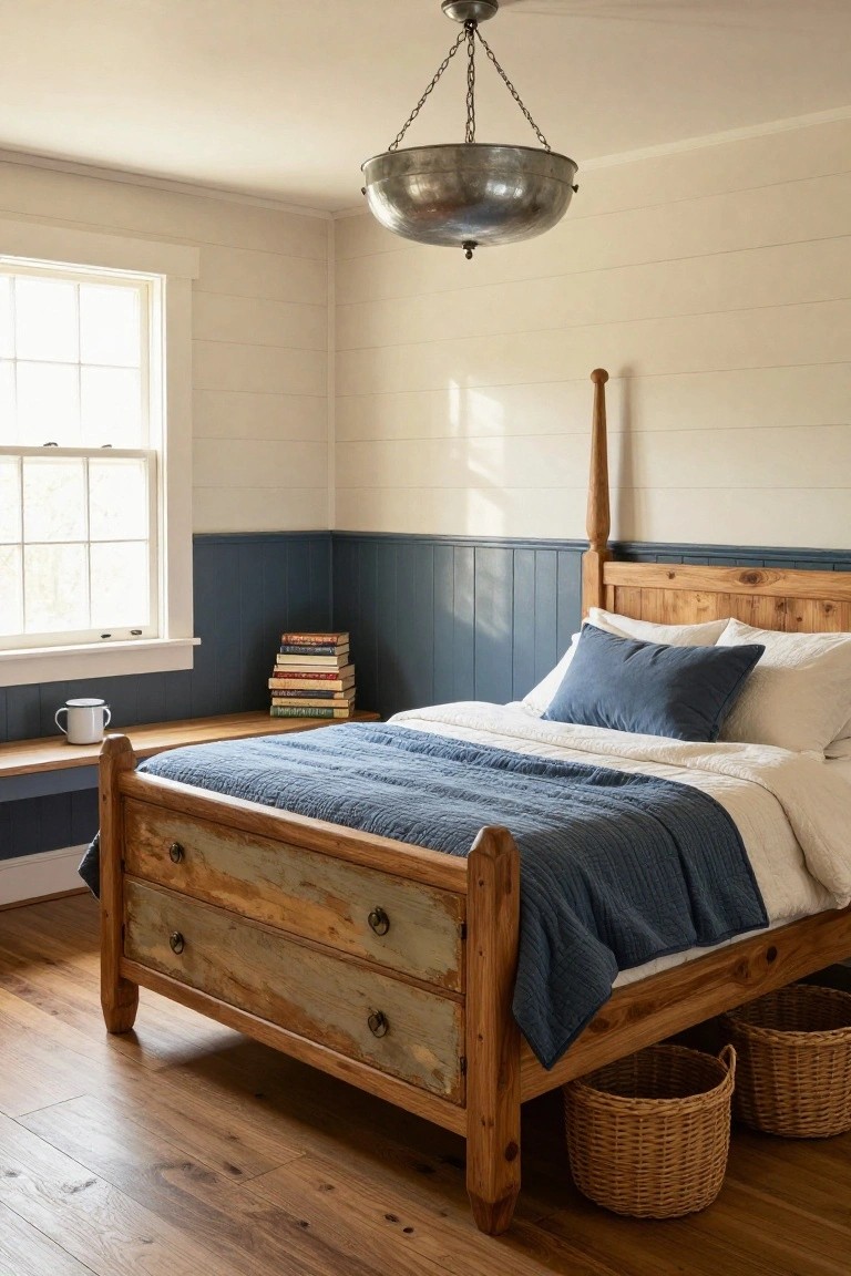Bedroom interior with white shiplap upper walls, navy shiplap lower wainscoting on one wall, rustic wooden bed frame with blue quilted bedding, wooden shelf with books and mug, pendant light, and wicker baskets on hardwood floor.