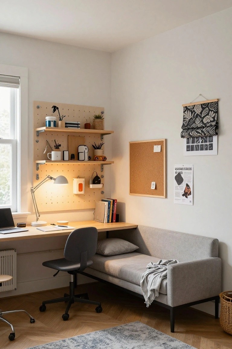 A home workspace nook featuring a light wooden pegboard wall with shelves, hooks, plants, mugs, and a desk lamp above a built-in wooden desk and gray ergonomic chair, with a gray daybed nearby on herringbone wood flooring.