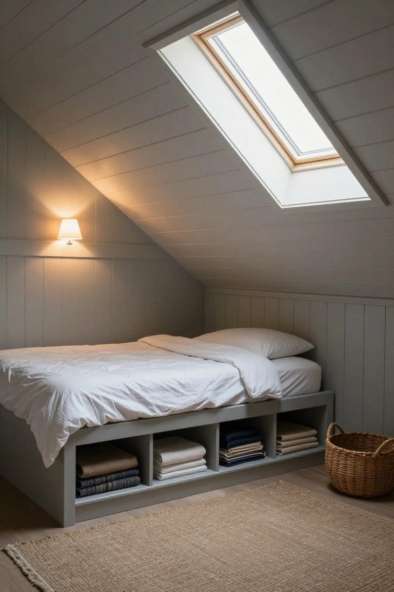 Small attic bedroom with gray wood-paneled sloped ceiling and skylight, white bed on elevated gray platform with open under-bed shelves holding folded linens and towels, wall-mounted lamp, and seagrass rug on wood floor.