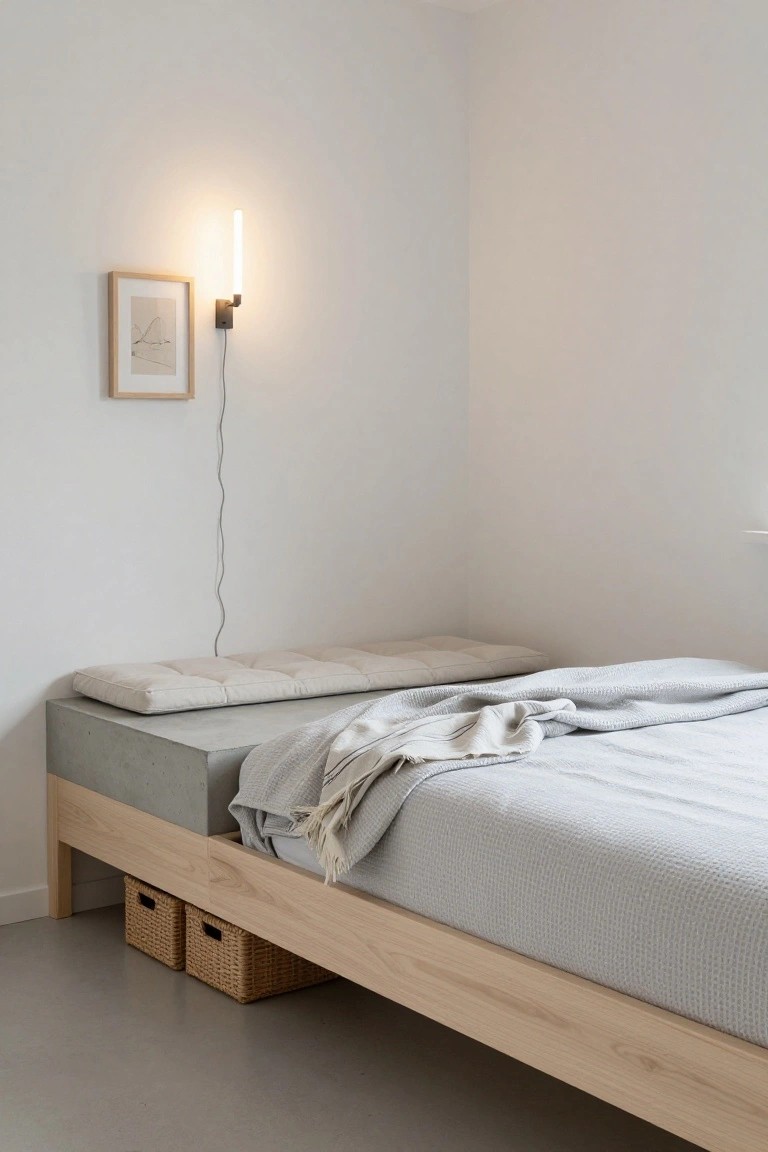 Corner of a minimalist bedroom with a low oak wood platform bed topped by gray quilted bedding and a cream cushion, two wicker baskets stored underneath, a wall-mounted tube light next to a framed abstract drawing, white walls, and concrete flooring.