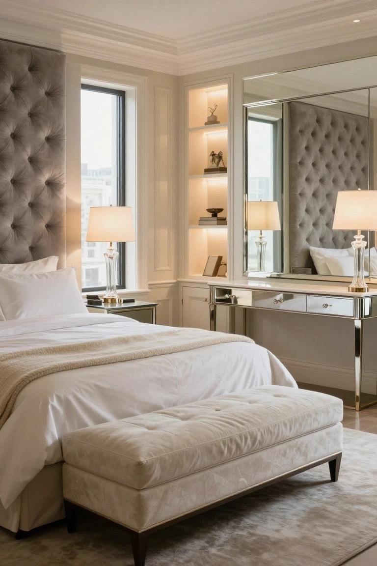 Bedroom interior with large gray tufted fabric headboard wall, white bed linens and pillows, cream tufted bench at foot of bed, mirrored vanity table with lamps and drawers, lit built-in shelves, and window overlooking city.