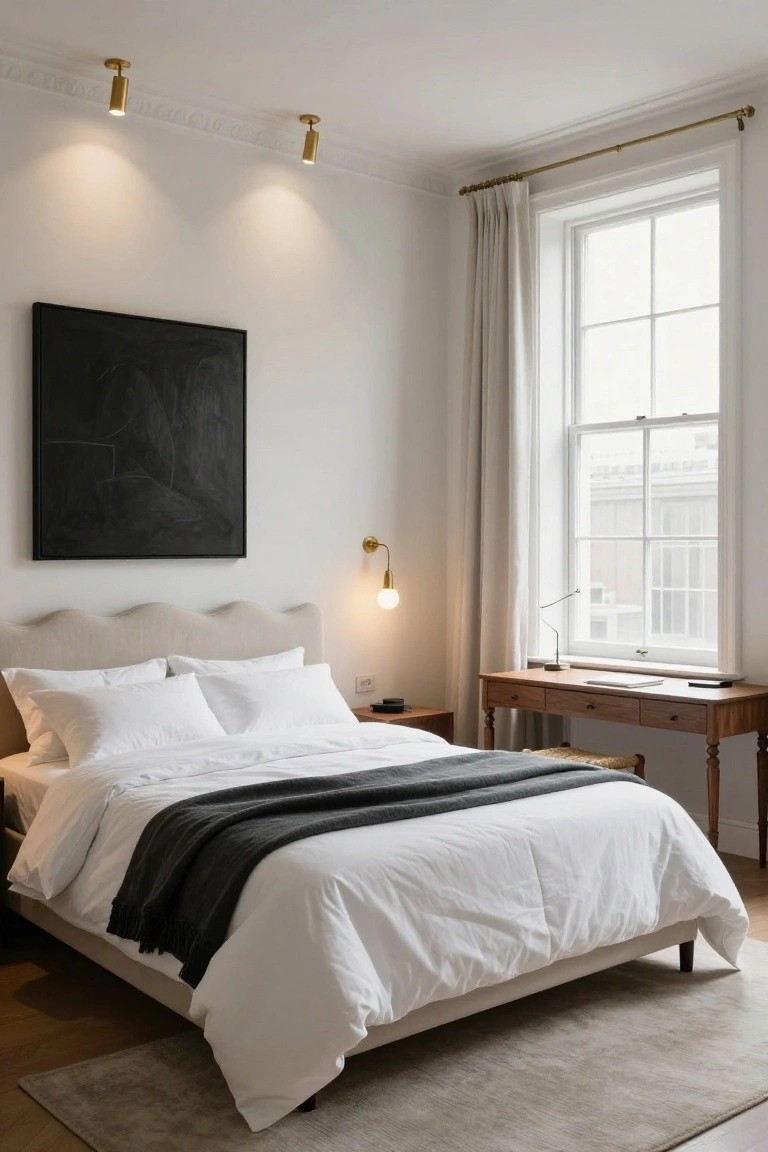 Bedroom with cream wavy upholstered headboard on bed with white bedding and gray throw, wooden desk and rattan chair nearby, black abstract painting on white wall, brass wall sconce lit, tall windows with cream curtains, brass ceiling spotlights, beige rug on wood floor.