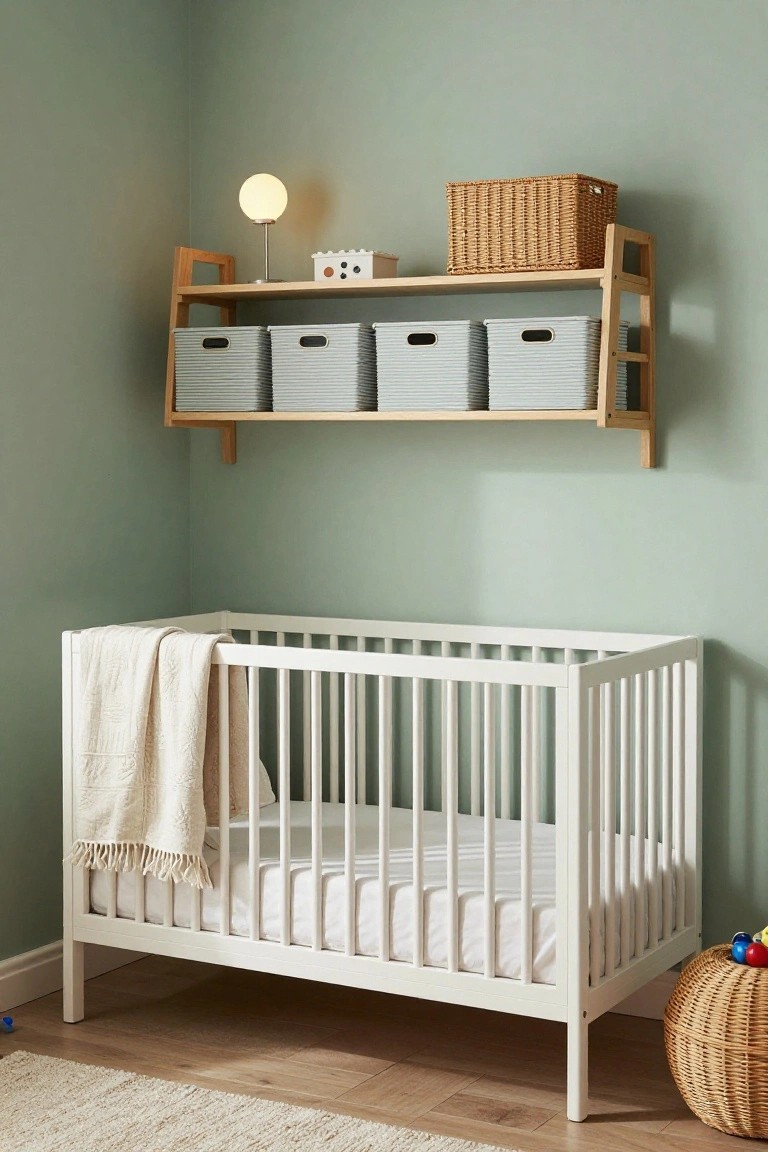 Corner of a light green nursery with white crib draped in beige blanket, wooden wall shelf holding gray fabric bins and wicker basket, small table with globe lamp and white storage box, toys on wood floor near woven basket.