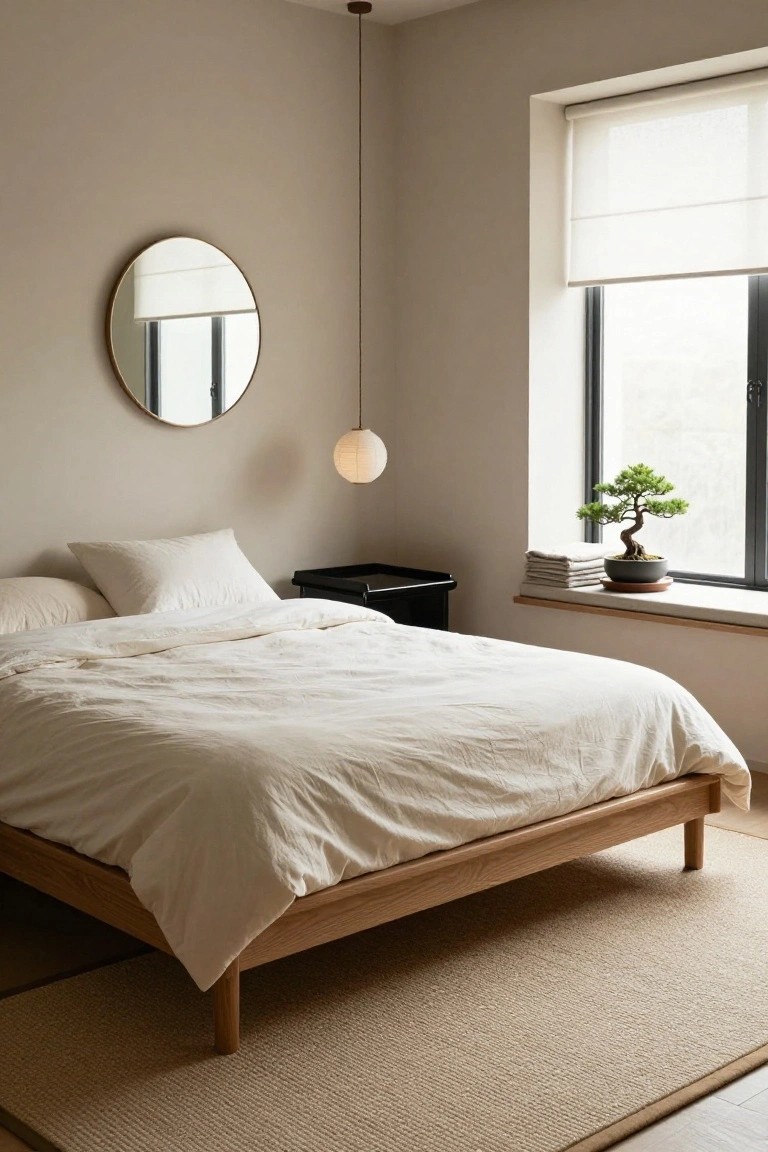 Minimalist bedroom interior with beige walls, low oak platform bed draped in white linens, round gold-framed mirror, white pendant light, black side table, stacked white towels, and potted bonsai tree on wide windowsill with sheer blinds.