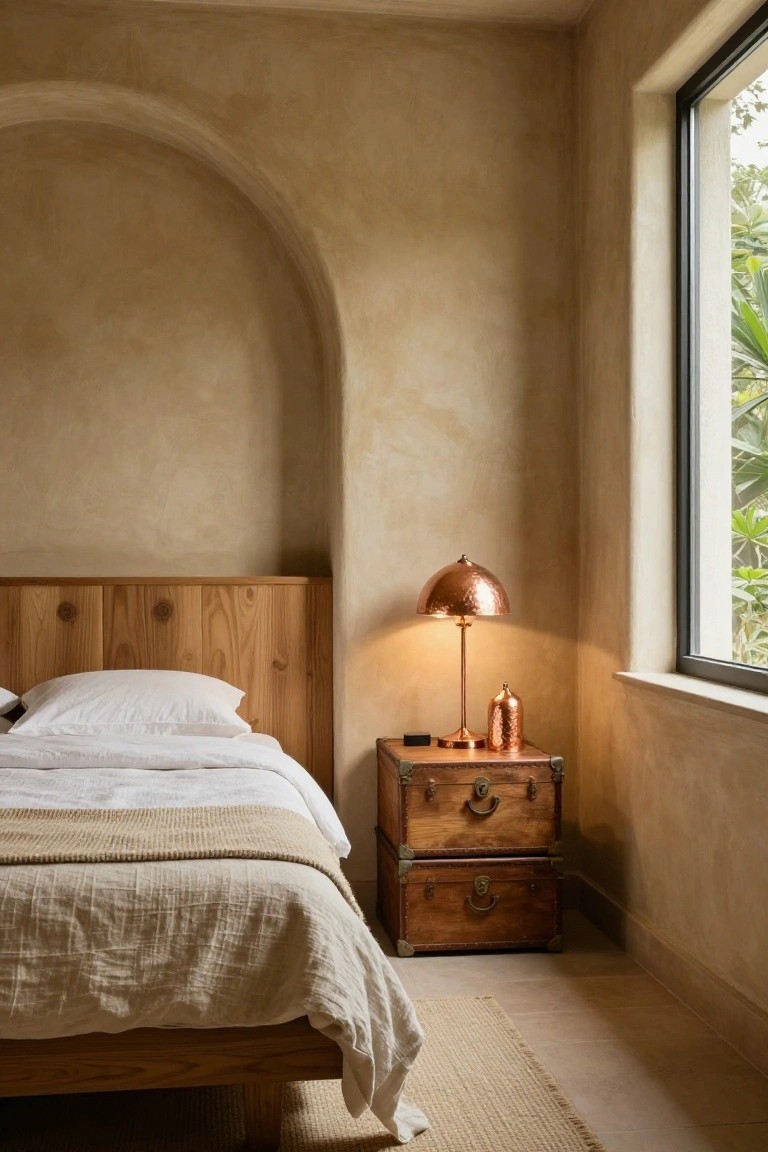 Bedroom interior with beige textured plaster walls, an arched recess behind a wooden bed frame with white linens and beige throw, two stacked wooden trunks used as nightstands topped with a copper lamp and vase, and a large window showing tropical plants outside.