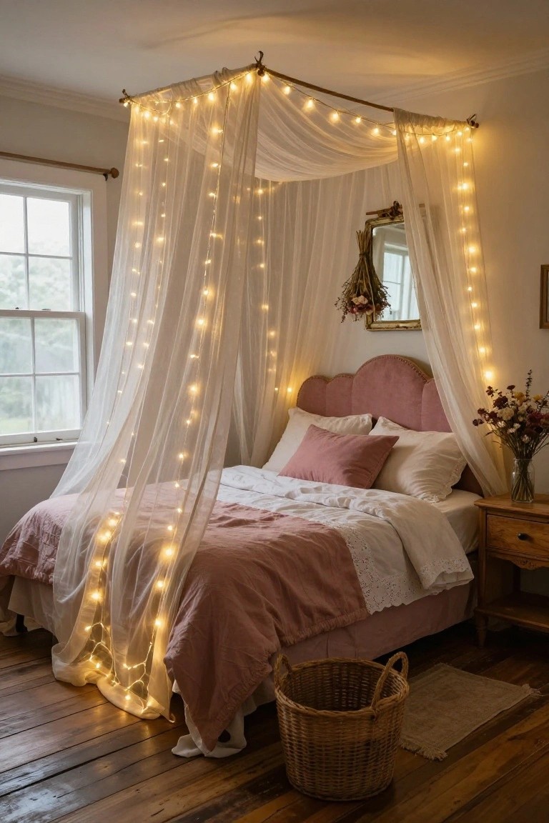 Bedroom interior with a bed under a wooden canopy frame draped in sheer white fabric and warm white LED fairy lights, pink velvet tufted headboard, white and pink linens, wooden nightstand with vase of dried flowers, hardwood floors.