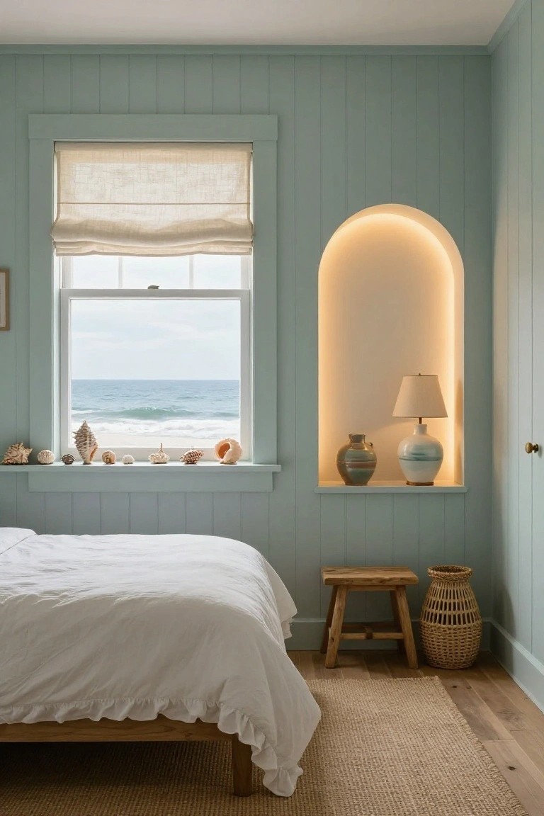 Light blue shiplap-walled bedroom with white ruffled bed, ocean-view window displaying seashells on sill, and arched white niche lit from behind holding two ceramic vases and a table lamp.