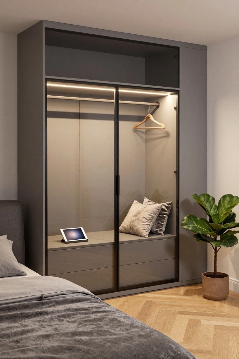 Gray built-in wardrobe with glass sliding doors and integrated LED strip lights along the top and edges, positioned next to a bed with gray bedding, a potted plant, and iPad on a bench in a bedroom with herringbone wood flooring.