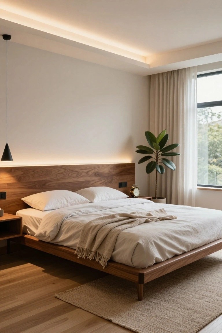 Modern bedroom with low wooden platform bed, backlit walnut headboard, perimeter ceiling LED strip lights, gold clock on nightstand, large potted plant near window with sheer curtains, and hardwood floors.