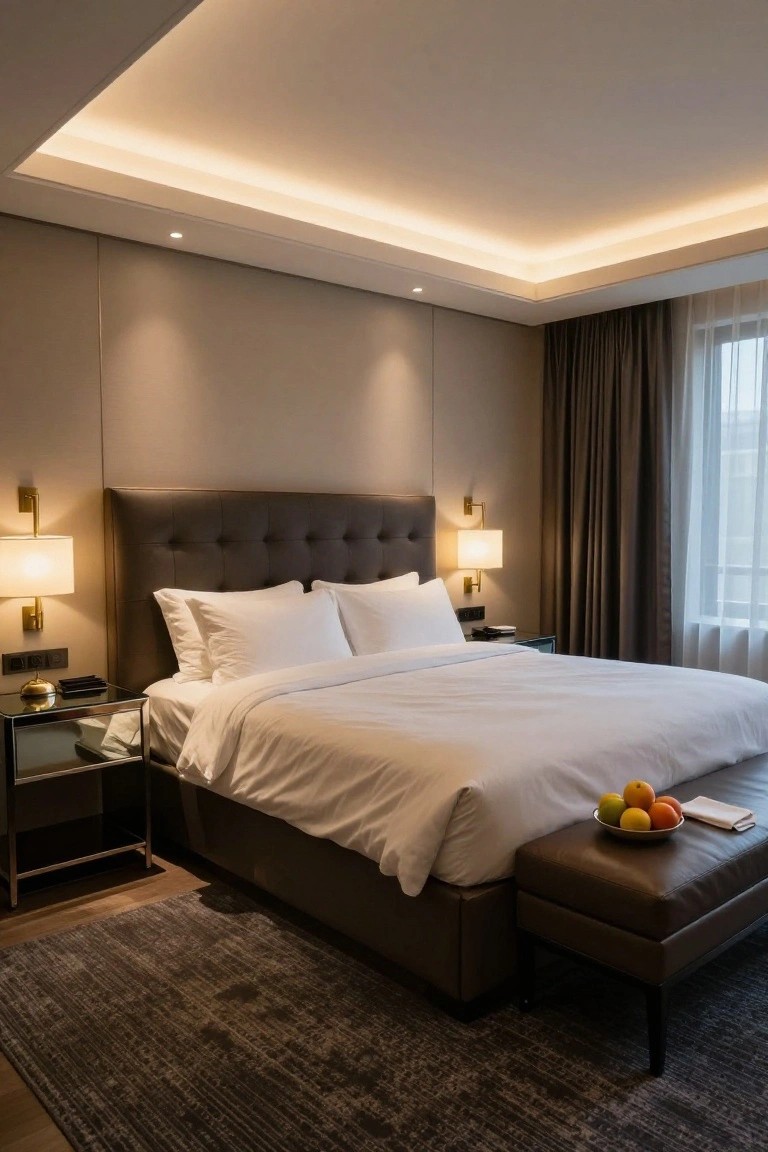 Modern hotel-style bedroom featuring a gray tufted headboard king bed with white linens, mirrored nightstands, a foot bench with fruit bowl, dark gray rug, sheer curtains, and recessed LED cove lighting along the ceiling perimeter with gold wall lamps.