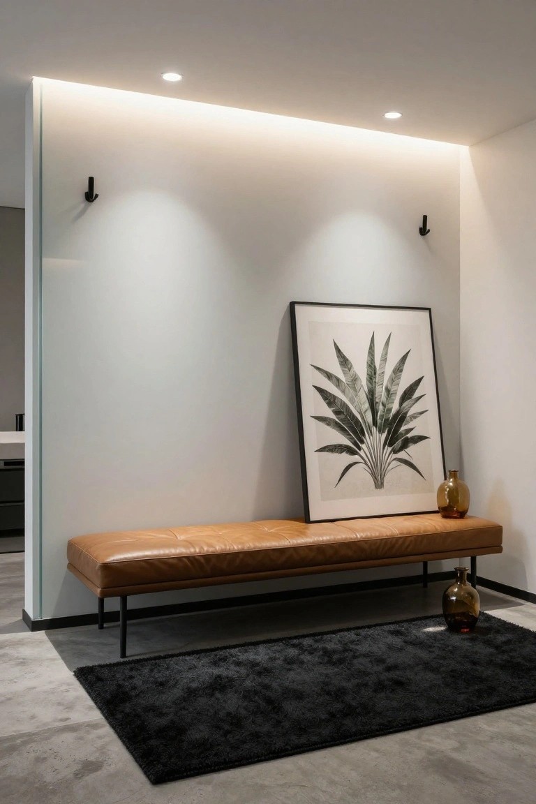 Modern entryway featuring tan leather bench on black metal frame, large black-framed artwork of a plant on white wall, two amber glass vases, black shag rug on polished concrete floor, LED strip lighting in ceiling cove, recessed ceiling lights, and wall hooks beside frosted glass partition.