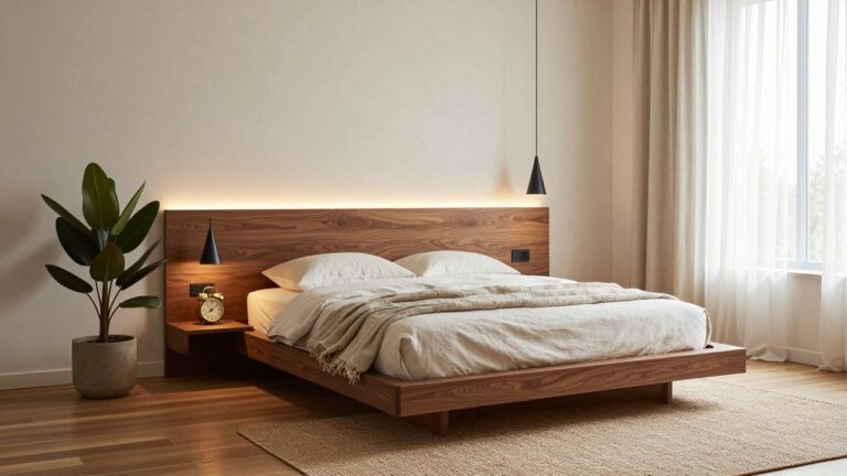 Modern bedroom with low wooden platform bed, backlit walnut headboard, perimeter ceiling LED strip lights, gold clock on nightstand, large potted plant near window with sheer curtains, and hardwood floors.