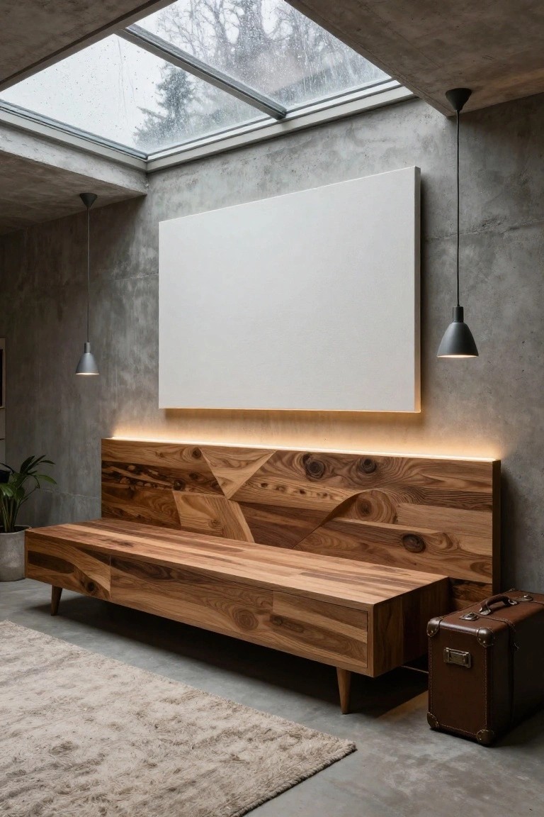 Modern bedroom with angular wooden headboard featuring LED backlighting along the top edge, exposed concrete walls, pendant lights, large white rectangular artwork, skylight showing rainy trees outside, wooden bench, potted plant, and brown leather suitcase on a light beige rug.