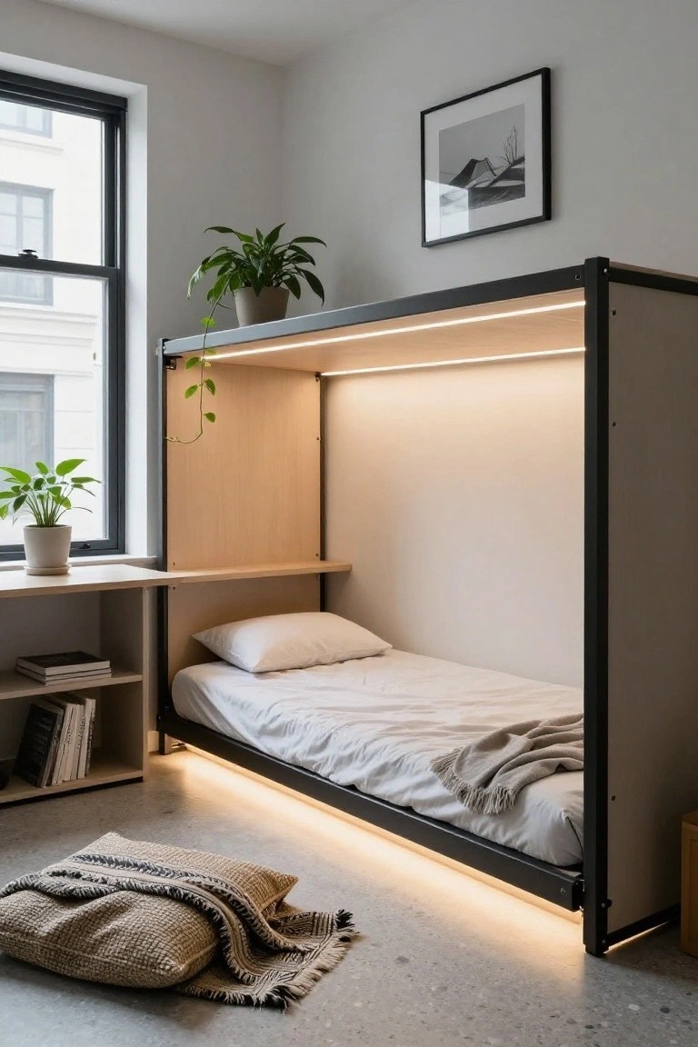 A compact bedroom with a wooden built-in bed frame outlined by warm LED strip lights at the base and edges, white bedding, nearby shelves with books, potted plants, and a floor cushion on a polished concrete floor.