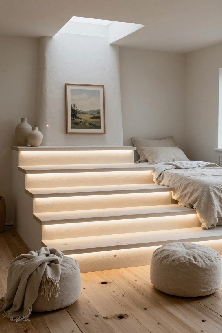 White floating stairs with LED strips glowing underneath lead to a bed in a neutral bedroom with wooden floor, poufs, vases, and a painting on the wall.