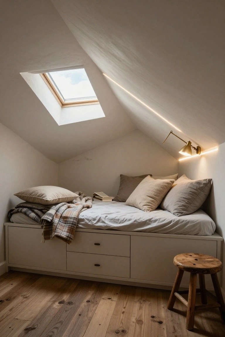Attic bedroom with sloped white ceiling, skylight, built-in beige bed with pillows and plaid blanket, brass wall lamp, LED strip light along wall-ceiling junction, wooden stool, and hardwood floor.