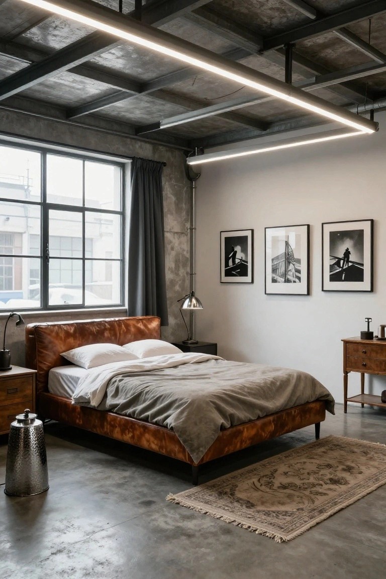 Industrial-style bedroom with exposed concrete ceiling and metal beams lit by long linear LED strips, a brown leather bed with gray linens, wooden nightstands, black-and-white photographs on a white wall, large factory windows with gray curtains, and polished concrete floor.