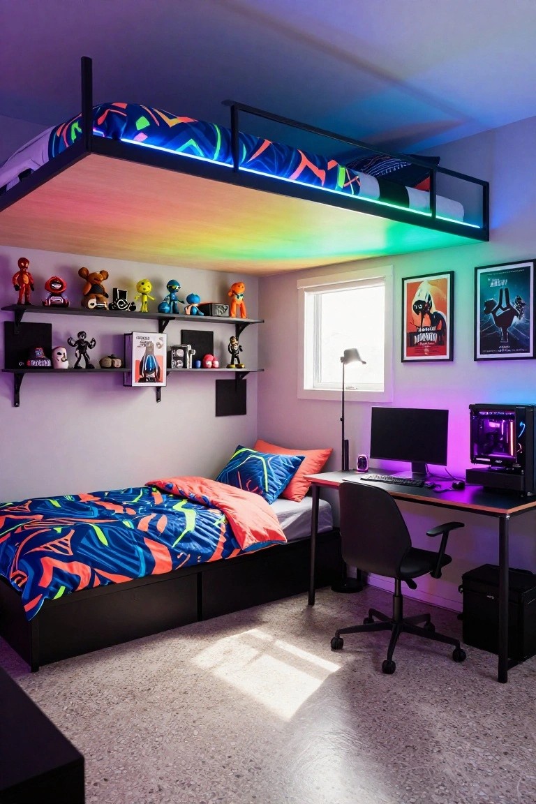 A bedroom with a black loft bed outlined in rainbow RGB LED lights along the frame, lower bed with colorful bedding, gaming desk with monitors and PC tower, shelves of collectible figures, and movie posters on walls.